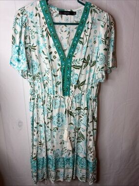 LEANI Floral Dress Size Small Aqua Green Drawstring Waist NWOT